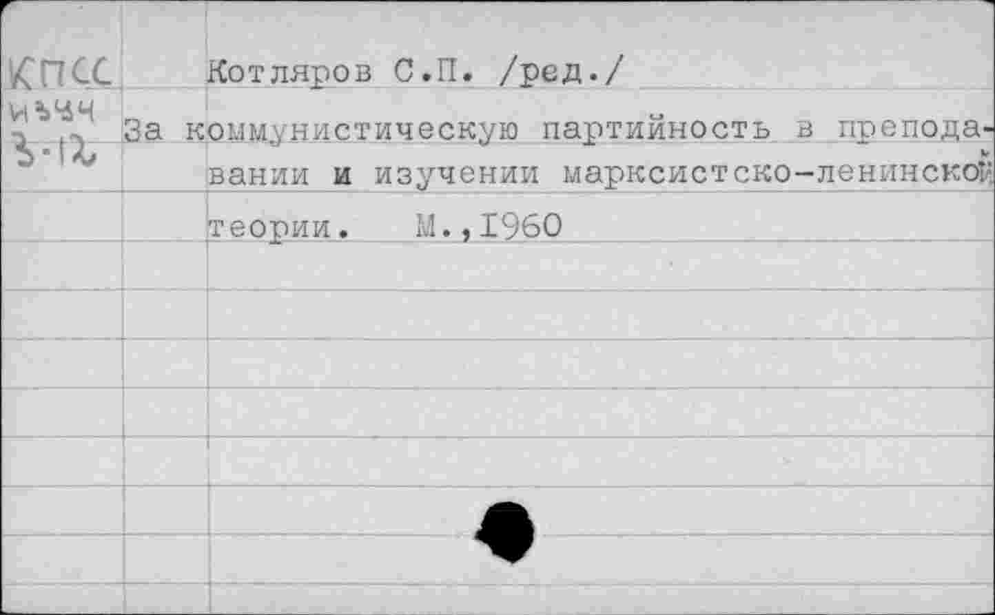 ﻿г КПСС		Котляров С.П. /ред./
иъчч	За коммунистическую партийность в преподавании и изучении марксистско-ленинской	
		теории. М.,196О
		
		
		
		
		
		
		
		